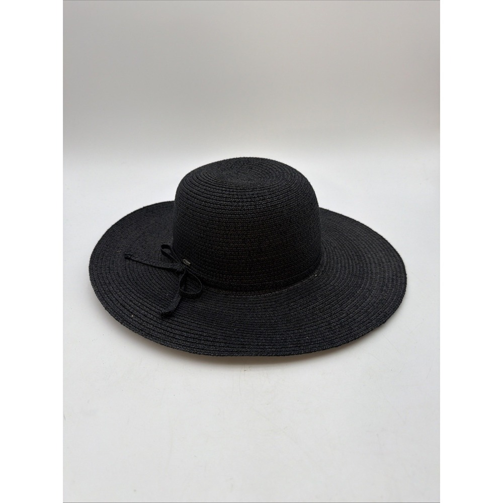 black woven sun hat featuring a wide brim and a delicate self-tie ribbon